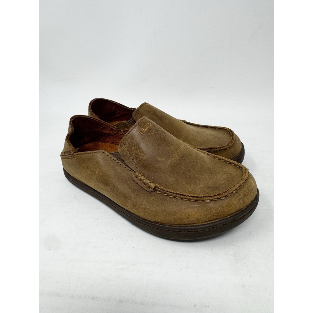 Olukai Moloa Boys Kids Size 1 B1 Leather Slip On Loafer Brown Shoes Moccasin